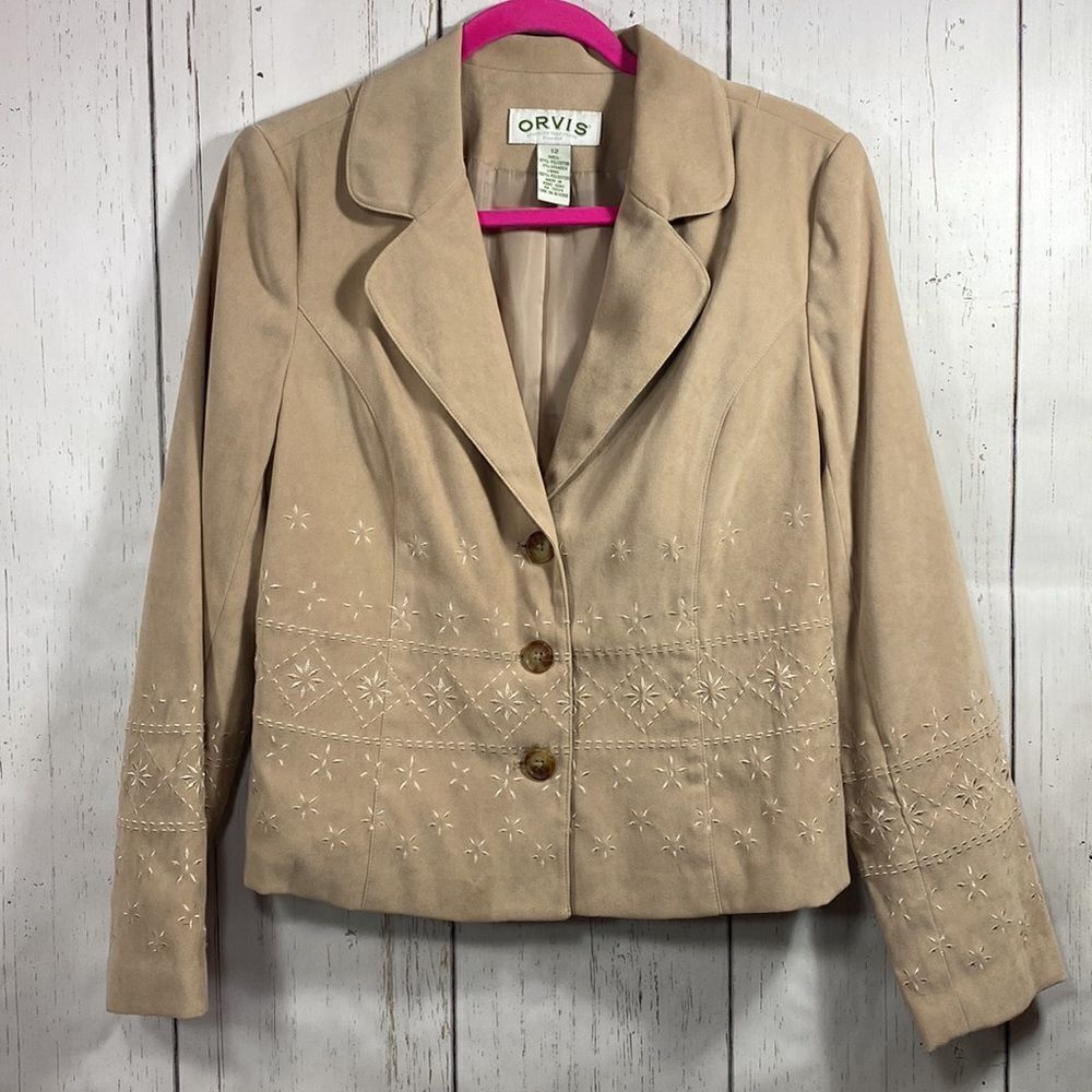 Orvis Vintage Tan Embroidered Blazer Jacket Classic Button Front Cottagecore